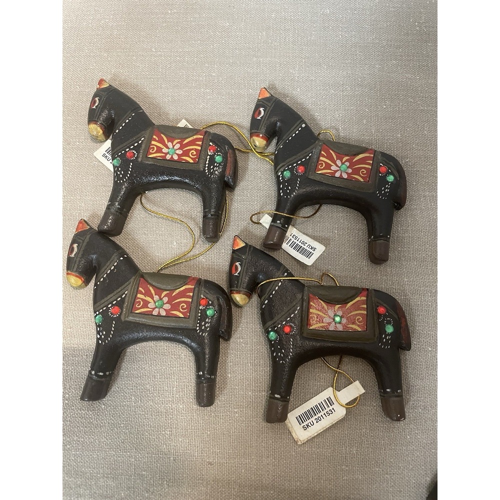 Hand Painted Wooden Boho Horse Christmas Ornaments Pier‎ 1 Vintage Set Of 4